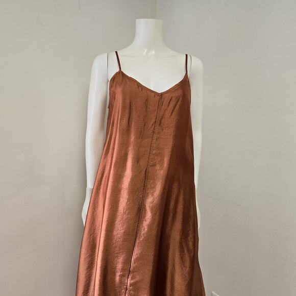 Peruvian Connection Midi Dress Size M Copper Rust Lined 100% Silk Strappy Layer - Picture 2 of 9